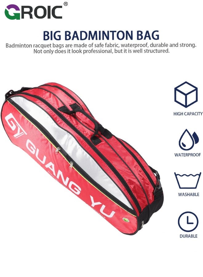 GROIC 6 Racquets Tennis/Badminton Racket Bag,Duffel Backpack Shoulders Bag Handbag Equipment Tote Bag with Shoes Compartment and Detachable Strap,Large-capacity Badminton Racket Bag(Red)  - Image 4
