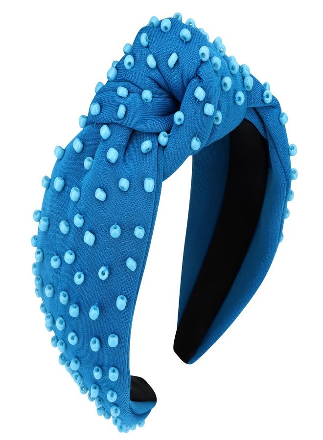 YISSION 1PC Pearl Knotted Headband for Women Non Slip Beaded Headband Wide Pearl Headbands for women Jeweled Embellished Hairband Blue Head Band Hair Accessories for Women Girls - Image 1
