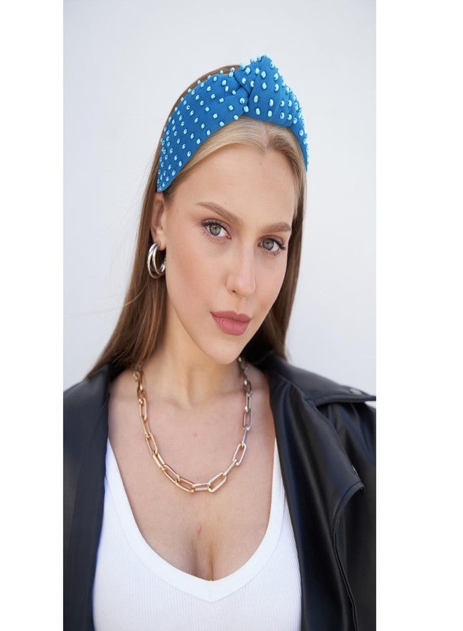 YISSION 1PC Pearl Knotted Headband for Women Non Slip Beaded Headband Wide Pearl Headbands for women Jeweled Embellished Hairband Blue Head Band Hair Accessories for Women Girls - Image 2