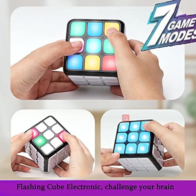FLASHING CUBE, 7-IN-1 BRAIN GAME CUBE WITH LIGHTS & FUN SOUND EFFECTS, STRESS RELIEF FIDGET TOY, ELECTRONIC MEMORY HANDHELD GAME FLASHING TOY GIFT FOR KIDS AND ADULTS AGES 6-12 YEARS OLD - Image 2