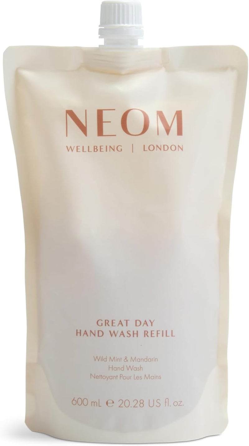 NEOM Great Day Hand Wash Refill 600ml I Wild Mint and Mandarin I 100 natural fragrances and 100 recyclable pouch I Cleanses softens and replenishes