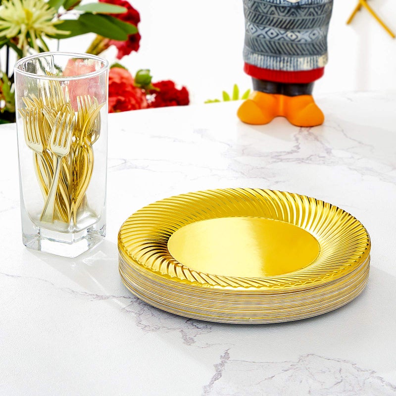 N9R 60pcs Gold Plastic Dessert Plates with Mini Forks  Include 30pcs Disposable Dessert Plates 7 inch  30pcs Gold Appetizer Forks 3.94 inch  Premium and Comfortable for Wedding Birthday Party - Image 5