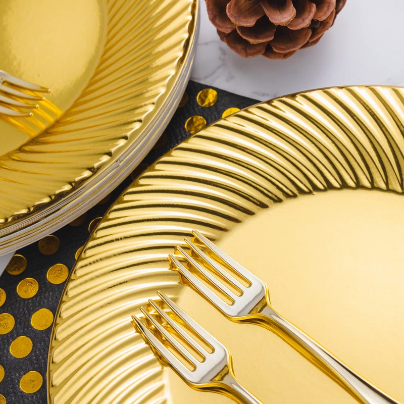 N9R 60pcs Gold Plastic Dessert Plates with Mini Forks  Include 30pcs Disposable Dessert Plates 7 inch  30pcs Gold Appetizer Forks 3.94 inch  Premium and Comfortable for Wedding Birthday Party - Image 3