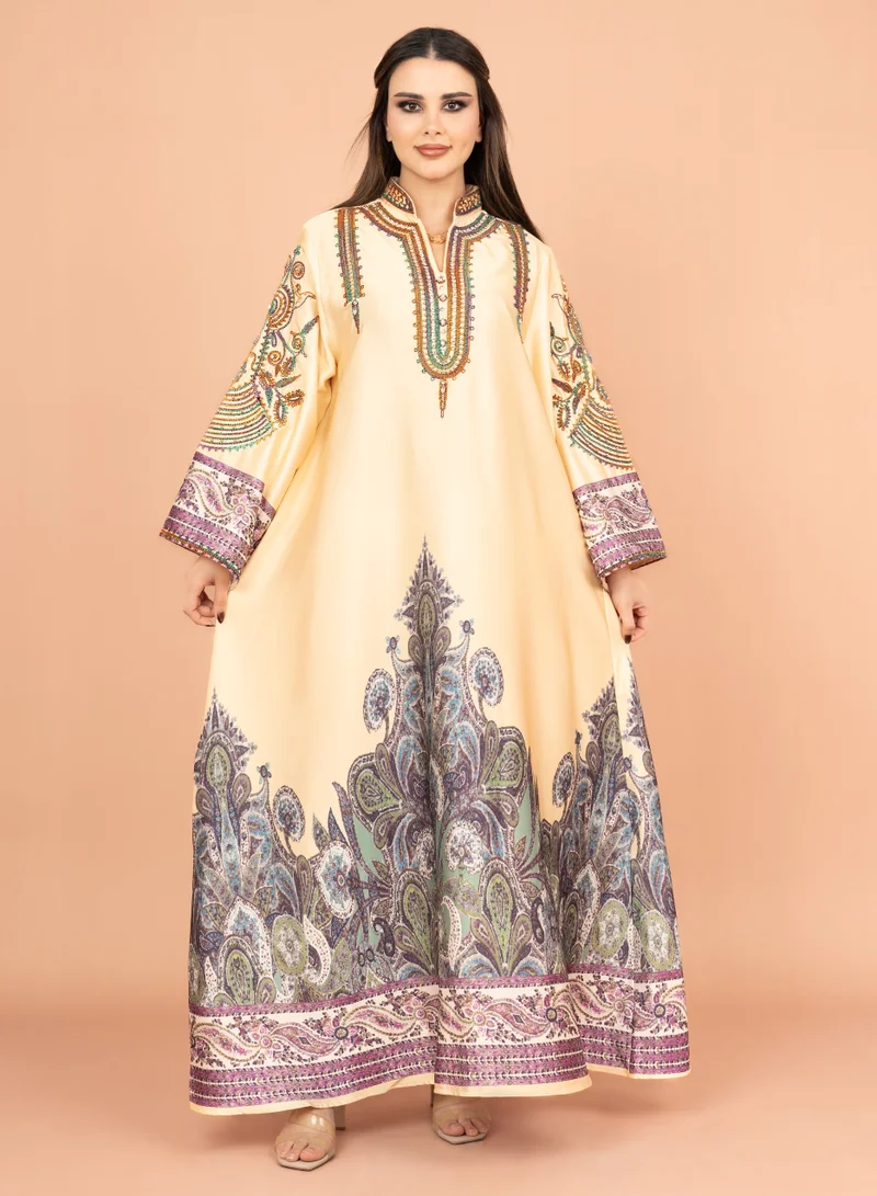IKKXA Gleaming Crystal and Print Jalabiya IK1016 Yellow