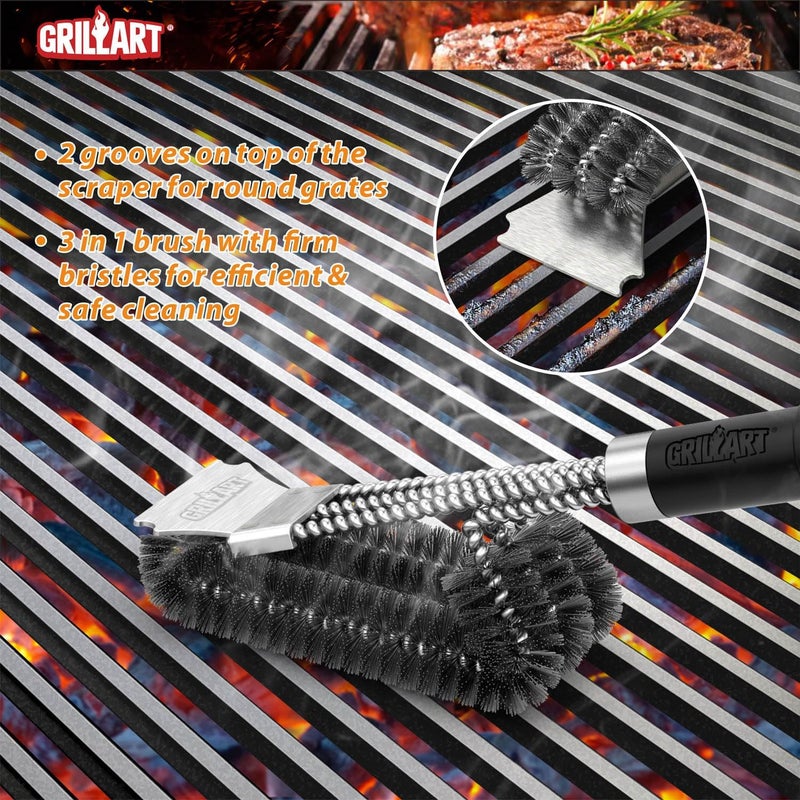 GRILLART فرشاة وشوكة شواء بمقبض فاخر، فرشاة شواء سلكية آمنة، فرشاة تنظيف شواء، منظف شبكة شواء للشوايات الغازية والأشعة تحت الحمراء والفحم والخزف، BR-8529 فضي وأسود - Image 5