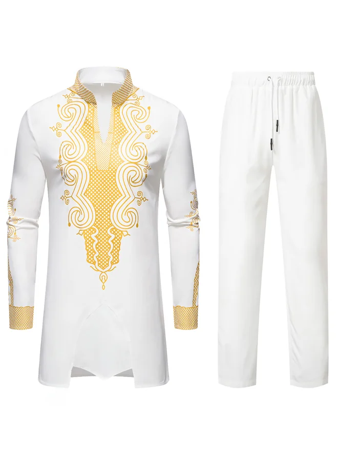 Take Two Take Two White Foil Print Longline Top and Pants Co-Ords