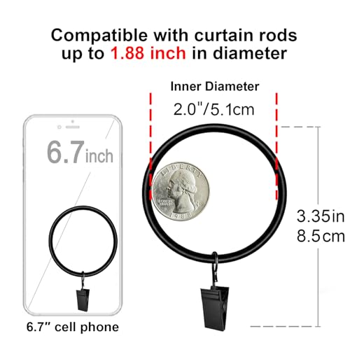 Lansian 44Pack Curtain Rings with Clips Hooks, Rustproof Metal Stainless Steel Drapery Rings, 2in Interior Diameter Curtain Hangers Clips, Fits Diameter 1.8 in Rod, Vintage Black - Image 3