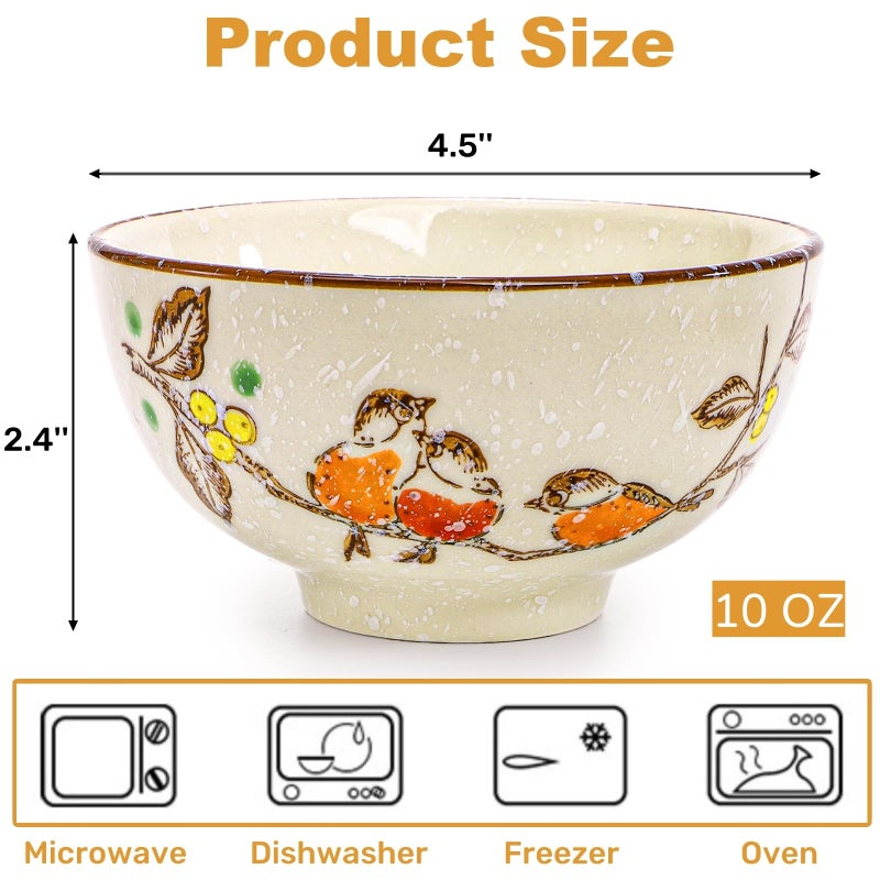 Nagpew 6 Pack Retro Ceramic Bowls, 4.5 Inch Japanese Rice Bowl, 10 Oz Small Soup Serving Set Hand-painted Cereal Holder for Salad, Dessert, Ice Cream, Noodles, Dishwasher Microwave Safe - Image 2