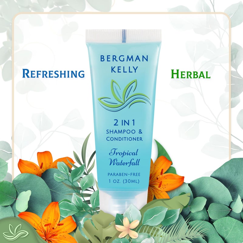 BERGMAN KELLY Round Soap Bars, 2in1 Shampoo & Conditioner 2-Piece Set (Tropical Waterfall, 1 oz each, 100 pc), Delight Your Guests with Revitalizing & Refreshing Sanitary Toiletries & Hotel Amenities - Image 4