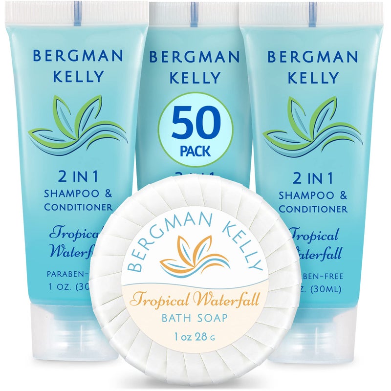 BERGMAN KELLY Round Soap Bars, 2in1 Shampoo & Conditioner 2-Piece Set (Tropical Waterfall, 1 oz each, 100 pc), Delight Your Guests with Revitalizing & Refreshing Sanitary Toiletries & Hotel Amenities - Image 1