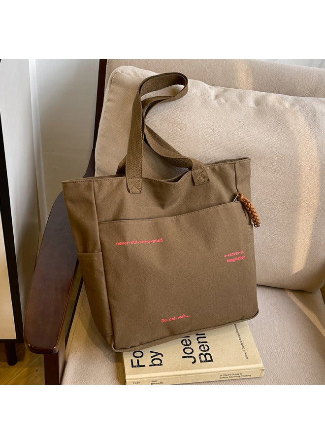 2024 Commuter Large Capacity Canvas Shoulder Bag Women's Korean-style All-match Portable Tote Bag Foreign Trade-Color:Khaki - Image 2