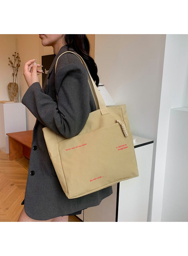 2024 Commuter Large Capacity Canvas Shoulder Bag Women's Korean-style All-match Portable Tote Bag Foreign Trade-Color:Khaki - Image 3