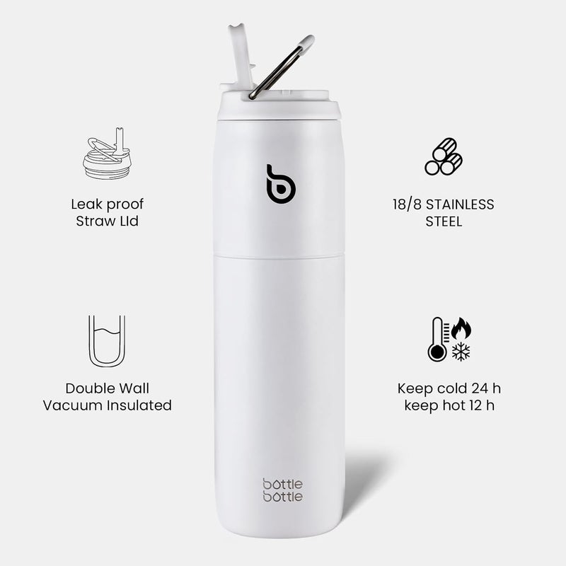 bottle bottle زجاجة زجاجة 32 أونصة زجاجة ماء من الفولاذ المقاوم للصدأ مع قشة وغطاء - معزولة بالفراغ، مقاومة للتسرب، بيضاء - Image 2
