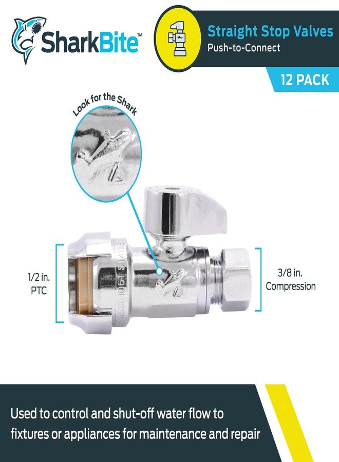شارك بايت صمام إيقاف مستقيم ضاغط من SharkBite، مقاس 1/2 × 3/8 بوصة، عبوة من 12 قطعة، ربع دورة، وصلة سباكة نحاسية للتوصيل بالضغط، أنابيب PEX، نحاس، CPVC، PE-RT، HDPE، 23037LFZ - Image 2