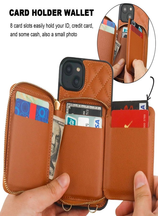 Bocasal Crossbody Wallet Case for iPhone 14 Plus, RFID Blocking PU Leather Zipper Handbag Purse Flip Cover, Kickstand Folio Case with Card Slots Holder Wrist Strap Lanyard 5G 6.7 Inch (Brown) - Image 4