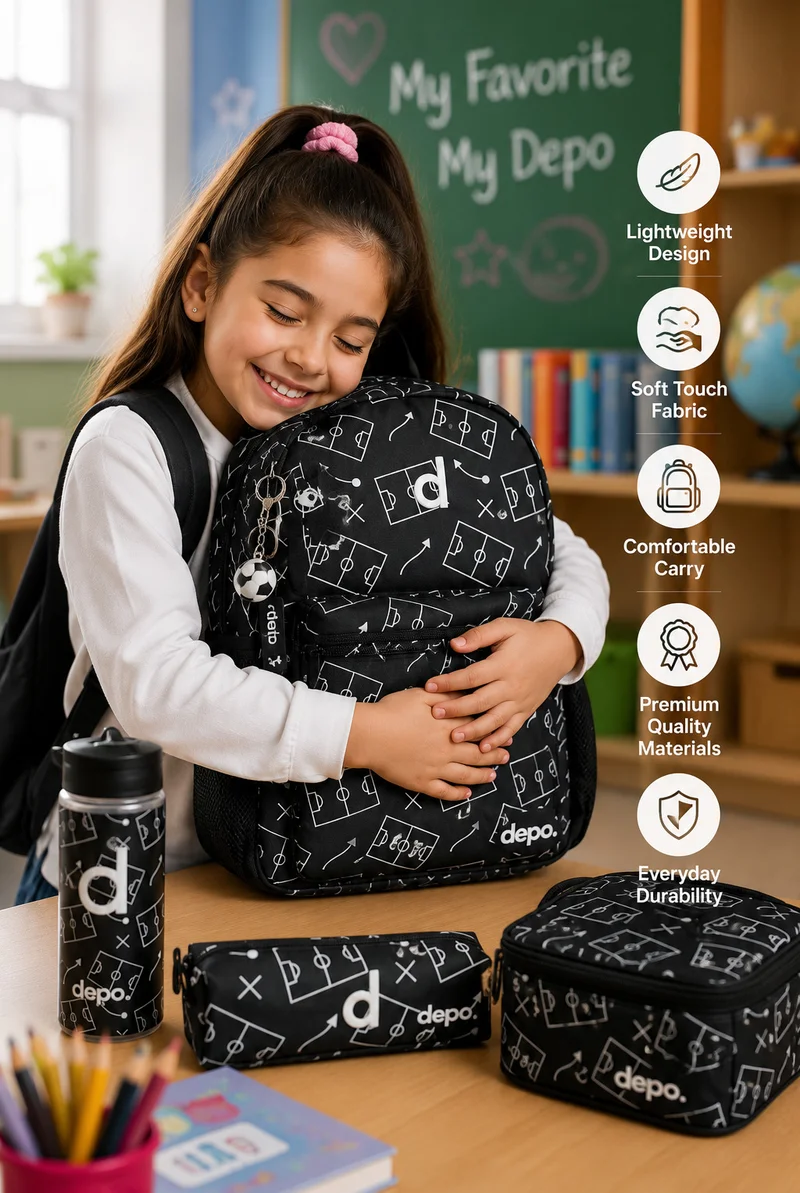 Depo DEPO 4-Piece School Set for Kids – 44 cm Black Football Pattern Backpack with Insulated Lunch Bag, Matching Pencil Case & 500ml BPA-Free Water Bottle