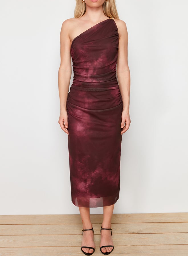 trendyol Claret Red One-Sleeve Body-Fitting Accessory Detailed Tulle Flexible Knitted Midi Pencil Dress - Image 4