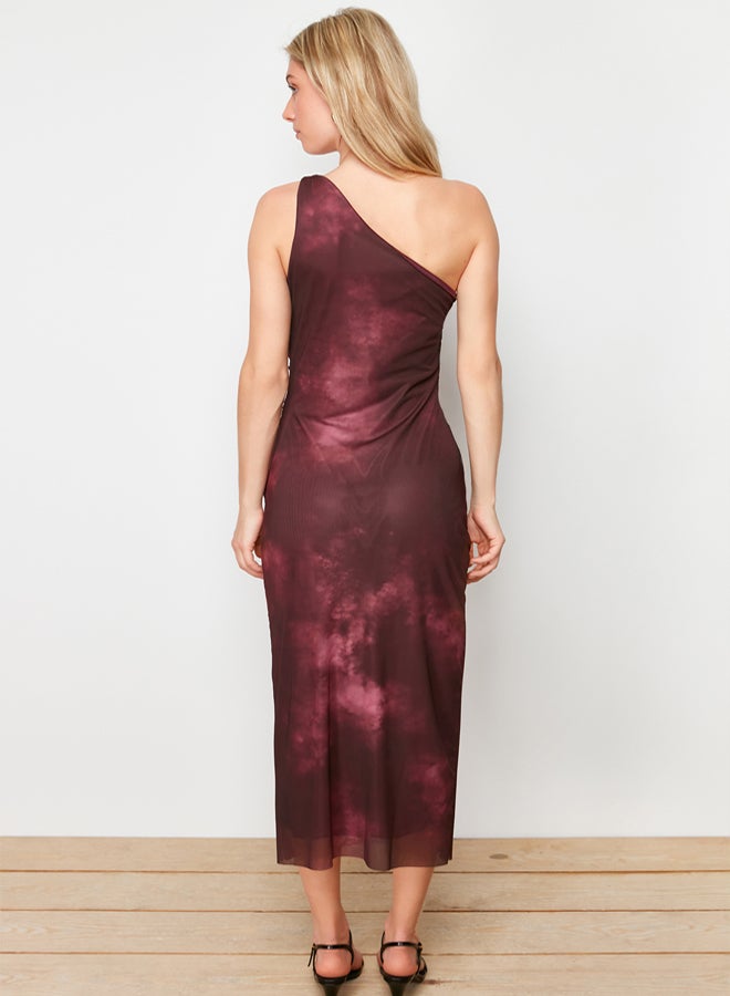 trendyol Claret Red One-Sleeve Body-Fitting Accessory Detailed Tulle Flexible Knitted Midi Pencil Dress - Image 5