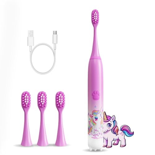 US1984 Sonic Electric Kids Toothbrush with 5 Modes, 3 Brush Heads & Rechargeable Battery, Ultra Soft Nylon Bristles, 2 Min Timer, IPX7 Waterproof, Type-C Electric Power Toothbrush (Purple) - Image 1