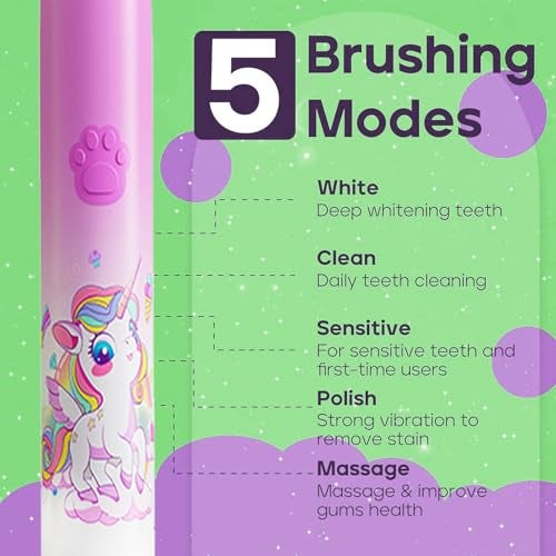 US1984 Sonic Electric Kids Toothbrush with 5 Modes, 3 Brush Heads & Rechargeable Battery, Ultra Soft Nylon Bristles, 2 Min Timer, IPX7 Waterproof, Type-C Electric Power Toothbrush (Purple) - Image 2