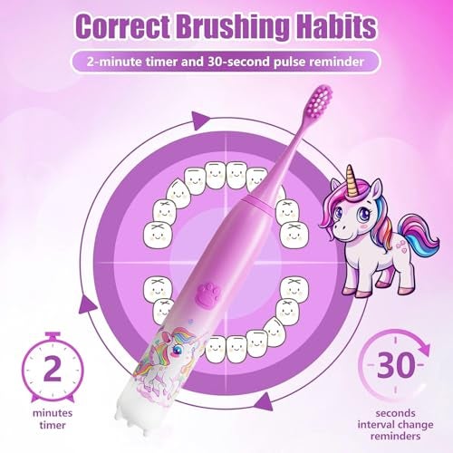 US1984 Sonic Electric Kids Toothbrush with 5 Modes, 3 Brush Heads & Rechargeable Battery, Ultra Soft Nylon Bristles, 2 Min Timer, IPX7 Waterproof, Type-C Electric Power Toothbrush (Purple) - Image 3