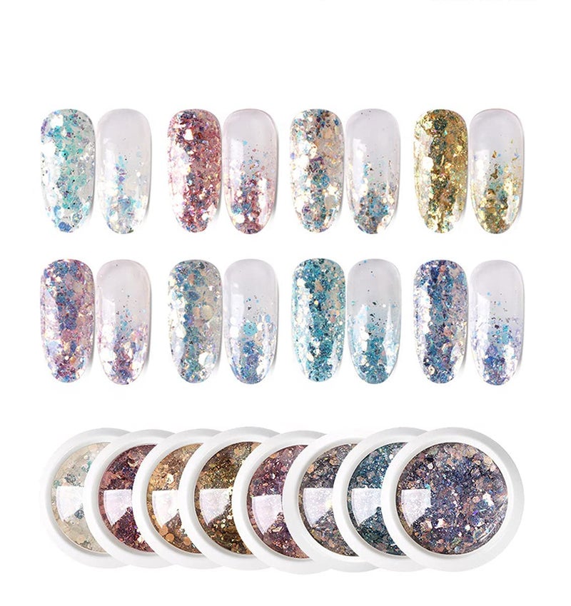 Beauty Empire DIY Nail Art Gradient Glitter Magic Color Changing Laser Thin Sequins Mixed Mirror Hexagon Shape Mermaid Flakes Spangles Palette Craft Glitters Holographic Manicure 8 PCS - Image 1