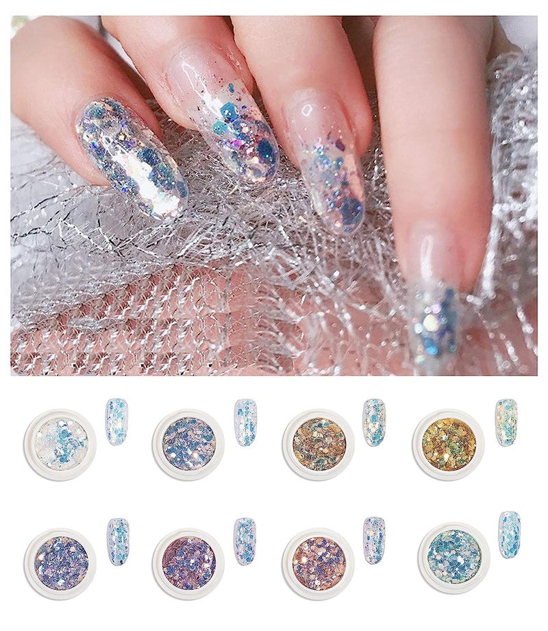 Beauty Empire DIY Nail Art Gradient Glitter Magic Color Changing Laser Thin Sequins Mixed Mirror Hexagon Shape Mermaid Flakes Spangles Palette Craft Glitters Holographic Manicure 8 PCS - Image 2