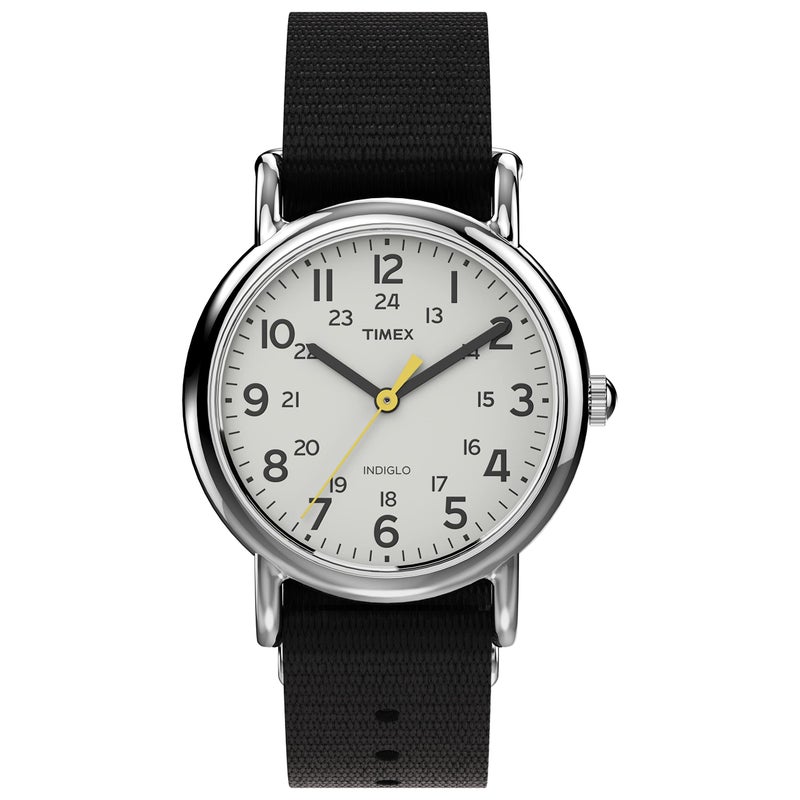 Timex Women's Weekender 31mm Watch â€“ Silver-Tone Case White Dial with Black Fabric Strap - Image 1