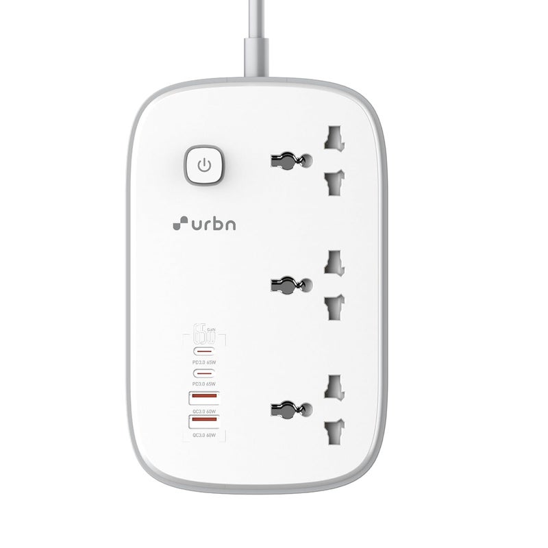 urbn URBN 7in1 Power Strip with 65W GaN Technology 4X USB Dual USBC PD Dual USBA QC 1500W 3X Universal Sockets Fireproof Housing ChildSafe 8Layer Protection 12Month Warranty  - Image 1