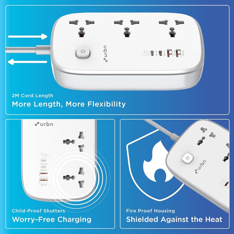 urbn URBN 7in1 Power Strip with 65W GaN Technology 4X USB Dual USBC PD Dual USBA QC 1500W 3X Universal Sockets Fireproof Housing ChildSafe 8Layer Protection 12Month Warranty  - Image 4