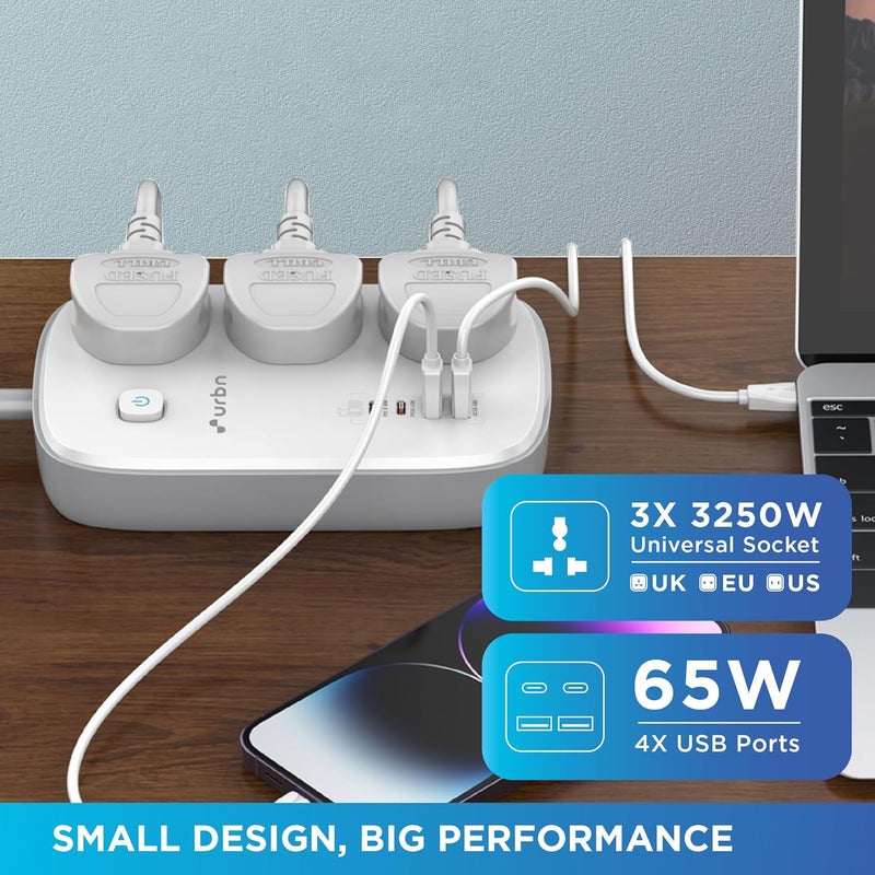urbn URBN 7in1 Power Strip with 65W GaN Technology 4X USB Dual USBC PD Dual USBA QC 1500W 3X Universal Sockets Fireproof Housing ChildSafe 8Layer Protection 12Month Warranty  - Image 5