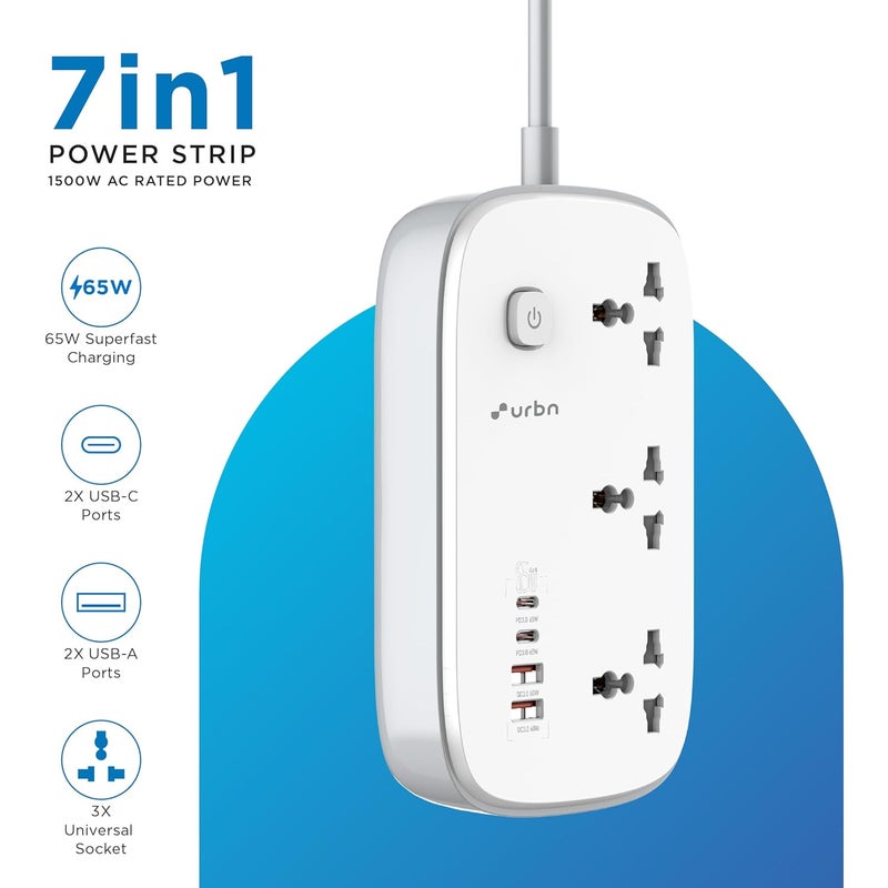 urbn URBN 7in1 Power Strip with 65W GaN Technology 4X USB Dual USBC PD Dual USBA QC 1500W 3X Universal Sockets Fireproof Housing ChildSafe 8Layer Protection 12Month Warranty  - Image 2