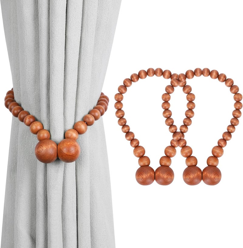 KLOGTSIND Magnetic Curtain Tiebacks, Curtain Tie Backs for Curtains 2 Pack, Wood Bead Curtain Tiebacks, Curtain Holders for Boho Bedroom Decor, Baby Nursery Decor, Farmhouse Decor - Image 1