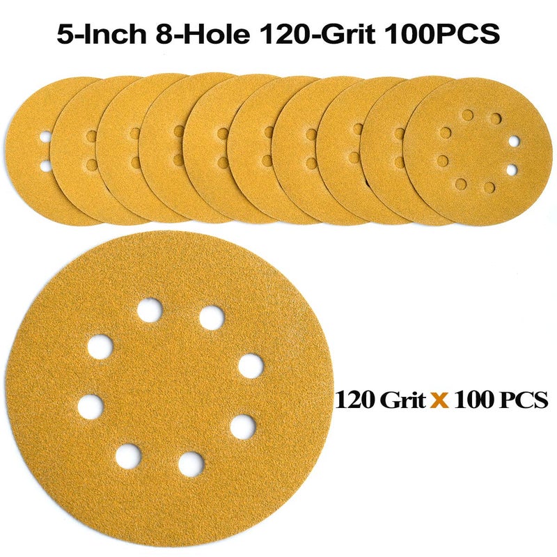Aiyard 5-Inch 8-Hole Hook and Loop Sanding Discs 120-Grit Random Orbit Sandpaper, 100-Pack - Image 3