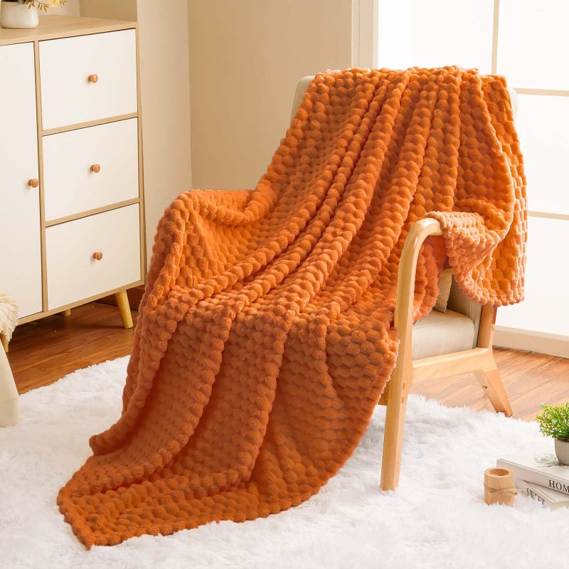 Vessia Flannel Fleece Twin Size Blanket(60x80 inch)  3D Jacquard Burnt Orange Fuzzy and Warm Blanket for Couch Sofa  300GSM Super Soft Touch Cozy Lightweight Bed Blanket for All-Season Home Decor - Image 3