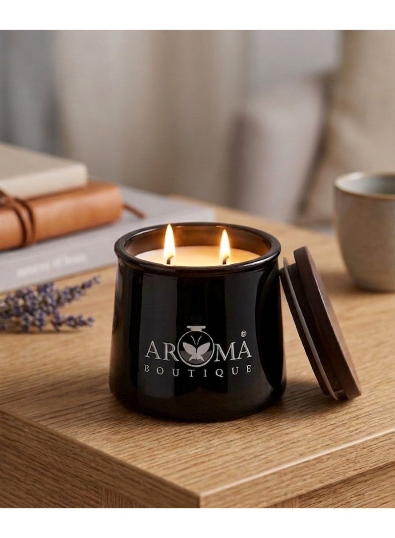 Aroma Luxury Scented Candle With Two Wicks Black Color And a Wooden Lid. - Image 1