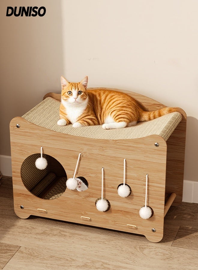 DUNISO منزل خدش قطط متعدد الوظائف 3 في 1 شكل مكعب من الكرتون مع 5 كرات لعب فخمة للقطط الكبيرة قابلة للفك لوح خدش من الكرتون للقطط لطحن المخالب، التدريب، اللعب، النوم، الراحة - Image 1