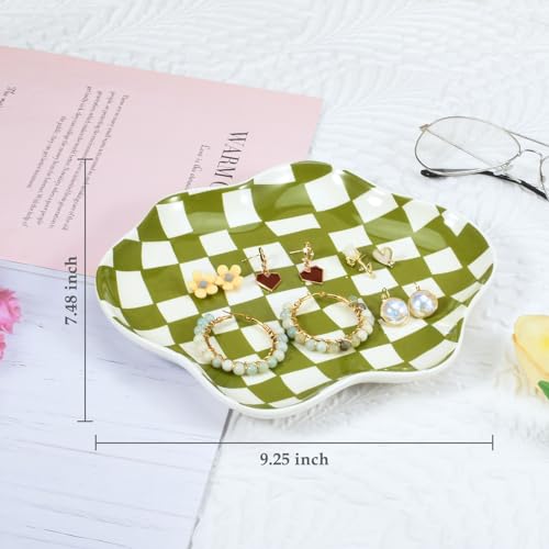 Koythin Jewelry Tray Ceramic Jewelry Dish Trinket Tray Organizer Checkered Pattern Aesthetic Decorative for Kitchen Bathroom Green Plaid - Image 3