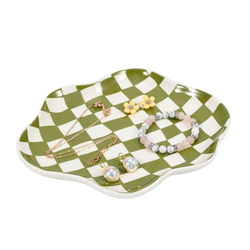 Koythin Jewelry Tray Ceramic Jewelry Dish Trinket Tray Organizer Checkered Pattern Aesthetic Decorative for Kitchen Bathroom Green Plaid - Image 1