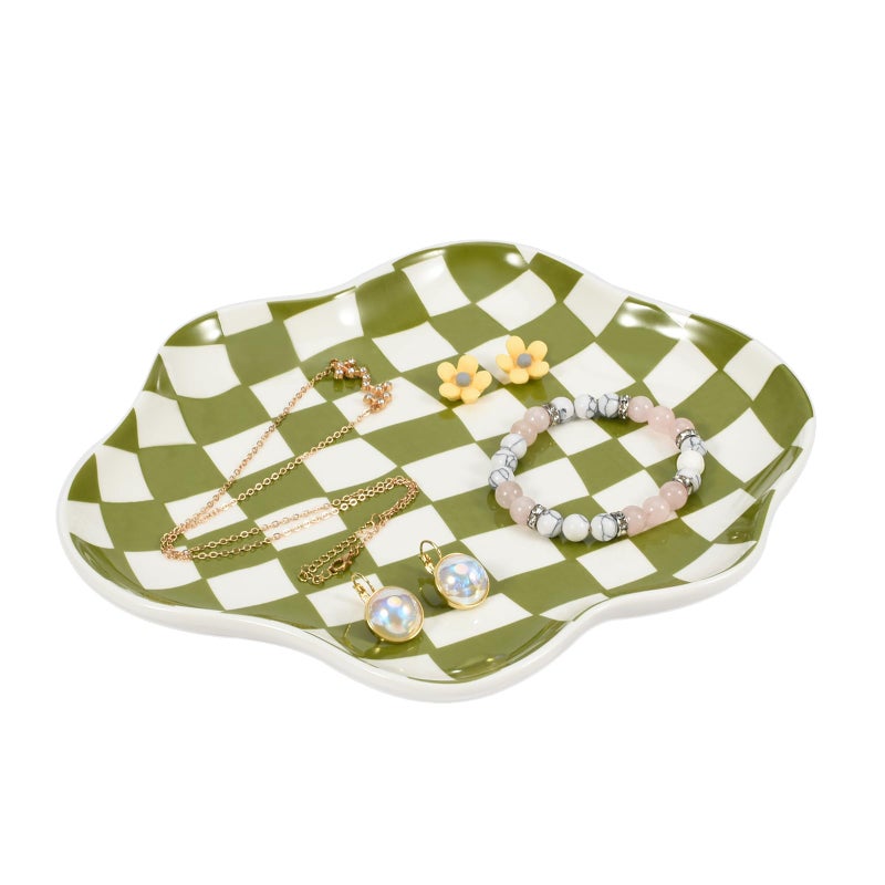 Koythin Jewelry Tray Ceramic Jewelry Dish Trinket Tray Organizer Checkered Pattern Aesthetic Decorative for Kitchen Bathroom Green Plaid - Image 2