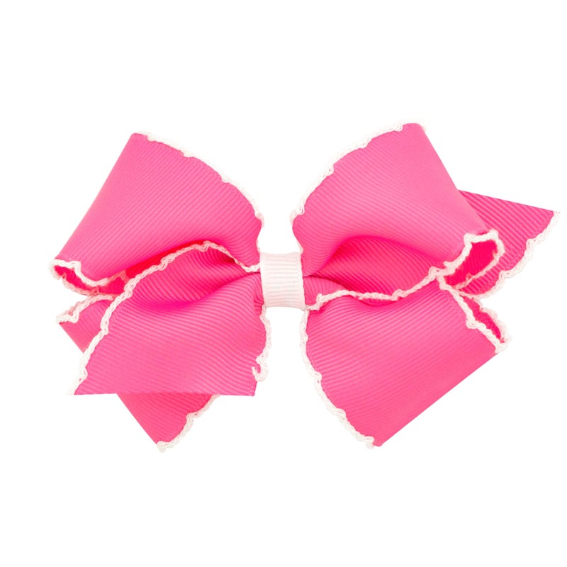 Wee Ones Girls' Classic Grosgrain Moonstitch Edge Hair Bow on a WeeStay Hair Clip, Contrasting Edge, Small, Hot Pink with White - Image 1