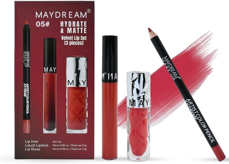 مجموعة الأسطورية للشفاه MAYDREAM طقم روج ثابت + جلوس شفايف + محدد شفايف درجة رقم 01 - Image 3