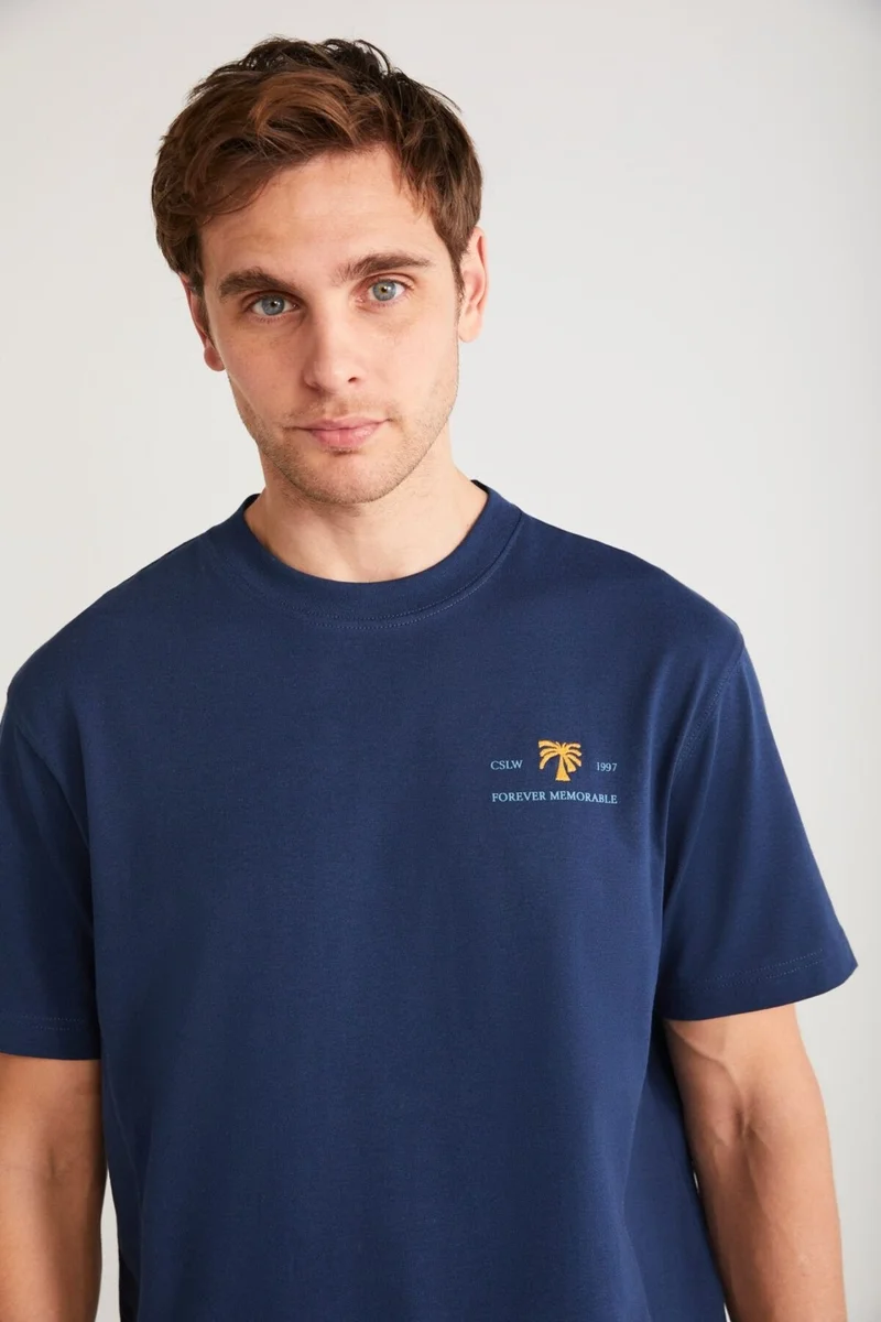 جريميلانج MORAT Men's 100% Cotton Embroidery and Print Detailed Short Sleeve Navy Blue T-Shirt