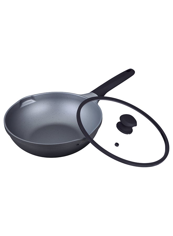 Prestige Essential Cast Aluminum Black 28Cm Wok With Glass Lid | Non Stick Induction-Based Wok Pan With Lid Black - Image 1