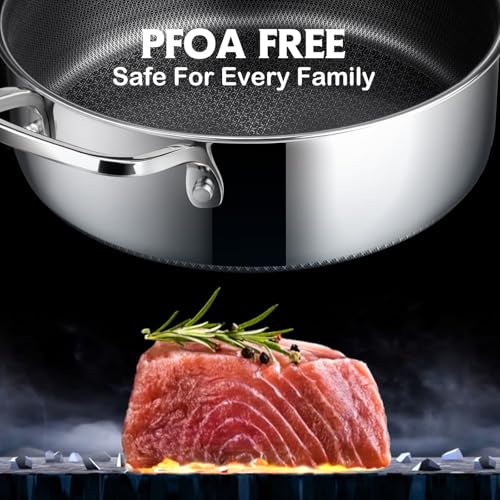 SNOWCLAD Frying Pans Nonstick with Lid,Hybrid Non Stick 5 Quart Saute pan,PFOA Free Cookware,Stainless Steel skillet,12 inch Deep Saute Pan,Dishwasher&Oven Safe,Works on All Cooktops - Image 3