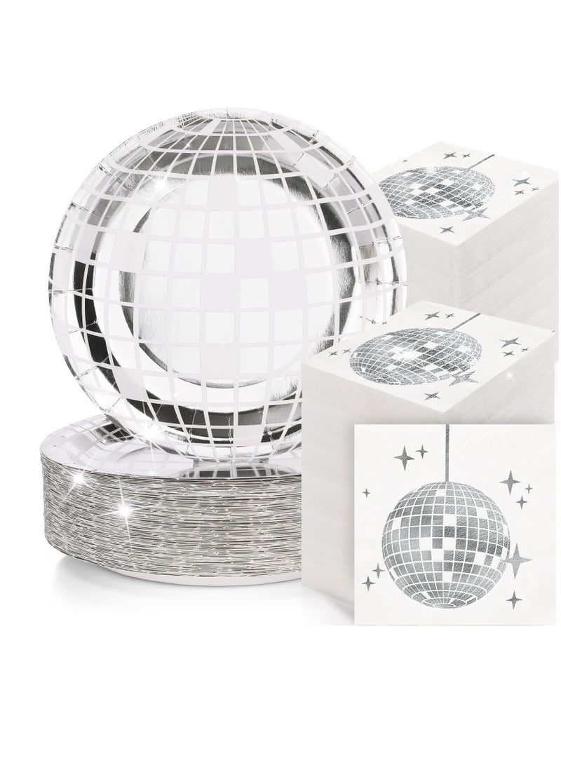 SYOSI 200 Pcs 70s Disco Party Supplies Includes Disco Ball Paper Plates and Disco Napkins Silver Disco Paper Plates Disco Napkins for 80s 90s Disco Bachelorette Birthday Party Picnic (White) - Image 1