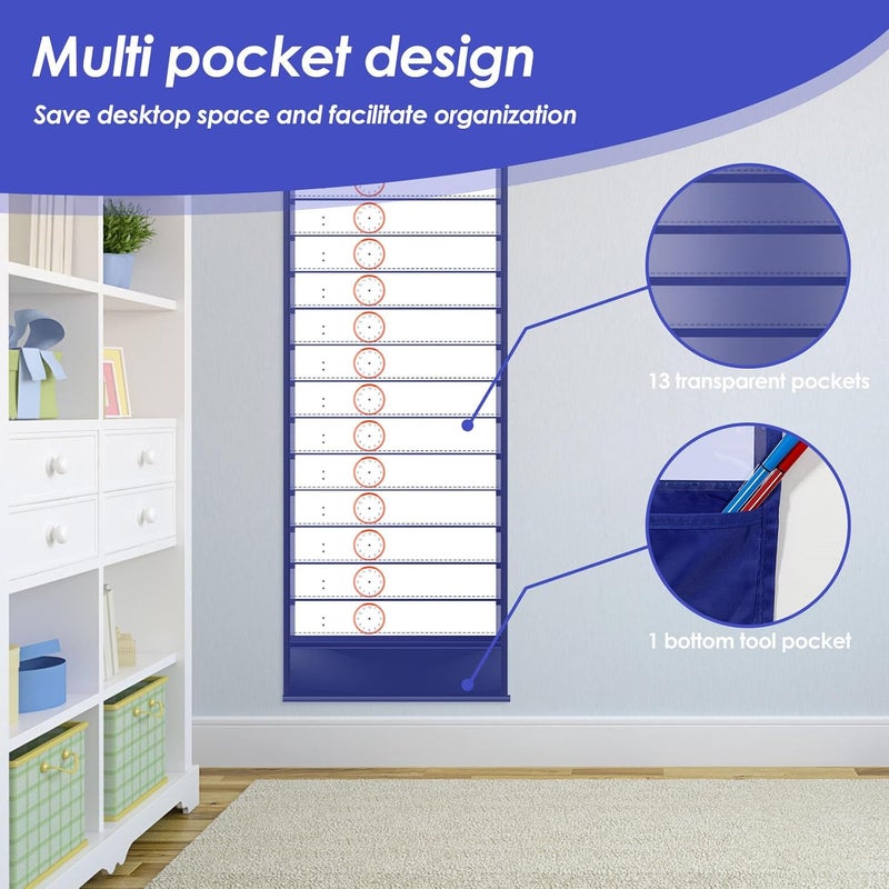 windforgecraft Daily Schedule Pocket Chart School Smart Pocket Chart 13+1 Pockets Scheduling Pocket Chart with Blank Cards Greenery Schedule Charts for Classroom Home Office Activities Decorate (Blue) - Image 5