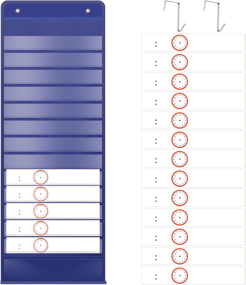 windforgecraft Daily Schedule Pocket Chart School Smart Pocket Chart 13+1 Pockets Scheduling Pocket Chart with Blank Cards Greenery Schedule Charts for Classroom Home Office Activities Decorate (Blue) - Image 1