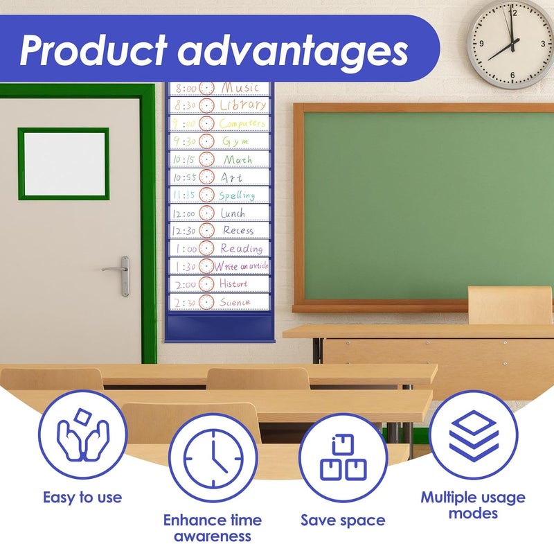 windforgecraft Daily Schedule Pocket Chart School Smart Pocket Chart 13+1 Pockets Scheduling Pocket Chart with Blank Cards Greenery Schedule Charts for Classroom Home Office Activities Decorate (Blue) - Image 4