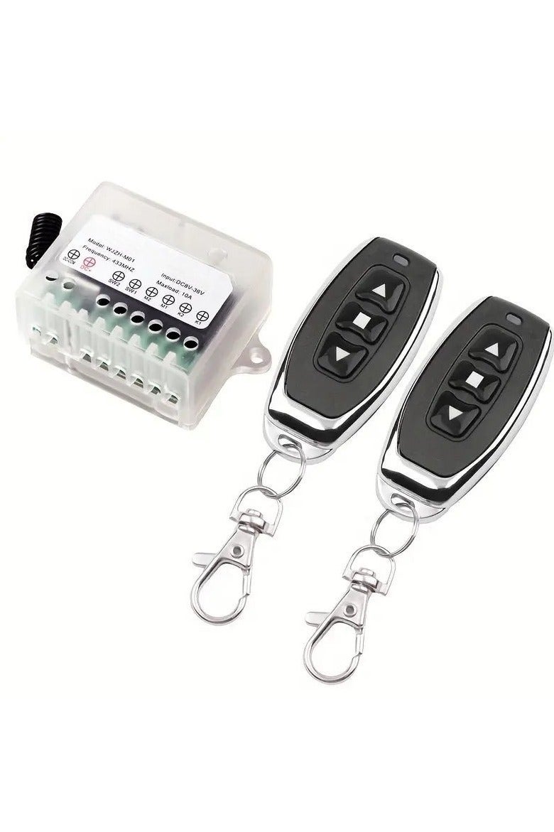 Wireless remote control switch with remote control, alternative to manual use, used to open garage doors with voltages of 12 volts, 24 volts, and 36 volts. It works with RF technology and can open the door easily from a distance of up to 30 meters without any obstacles. Easy to install and operate. The device and 2 remote controls. - Image 1